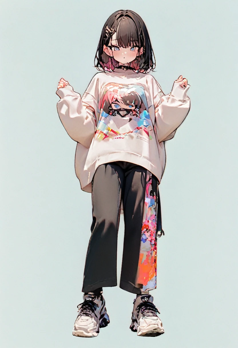 (Masterpiece, Best Quality: 1.2, 8K), Centered, Full Length, One Girl, Cool Fashion, Pants, Simple Sneakers, Simple Background, Open Eyes, Delicate Eyes, Beautiful Eyes,