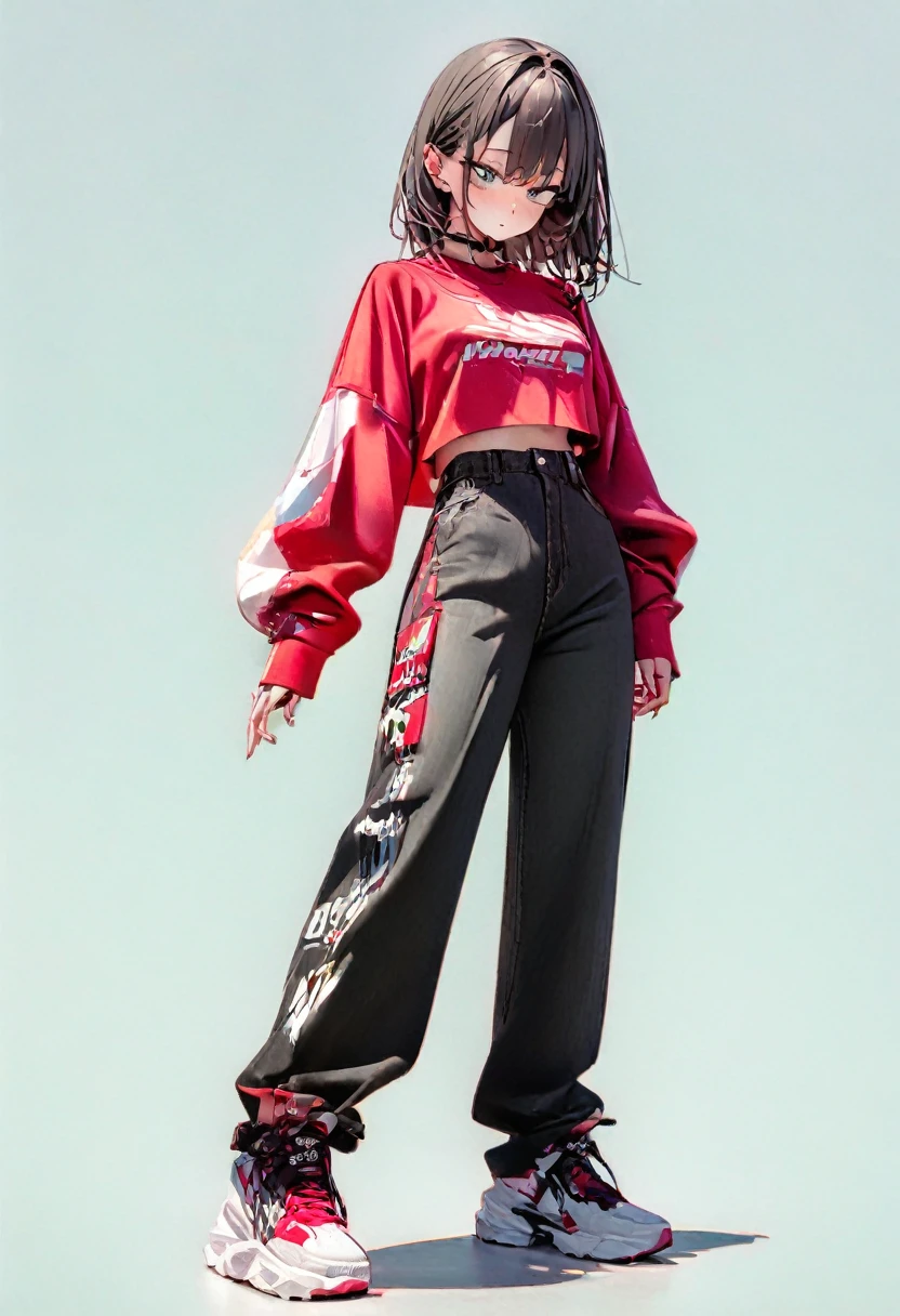 (Masterpiece, Best Quality: 1.2, 8K), Centered, Full Length, One Girl, Cool Fashion, Pants, Simple Sneakers, Simple Background, Open Eyes, Delicate Eyes, Beautiful Eyes,