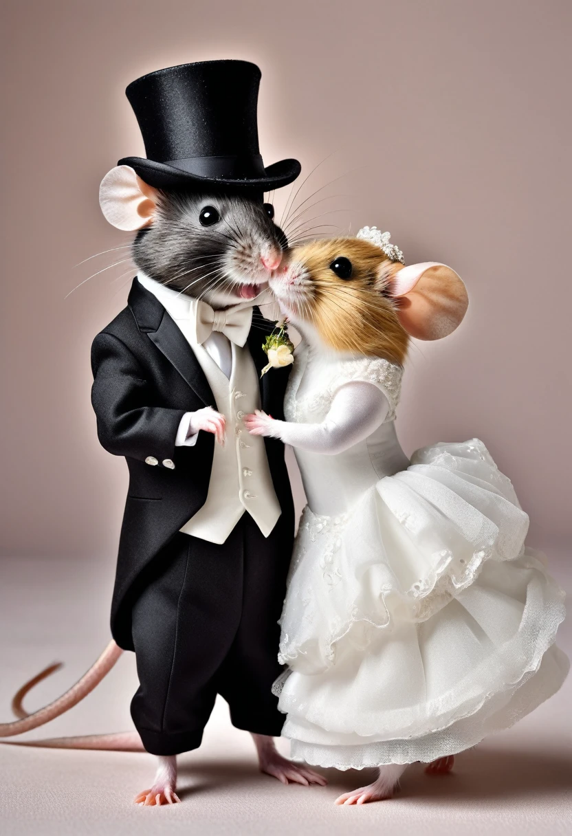 anthropomorphic image of a wedding, a black rat and a hamster, the male rat dressed in an elegant black suit and hat, and the hamster dressed as a bride dancing a wedding dance, and at the end giving each other a kiss, full body of the Two