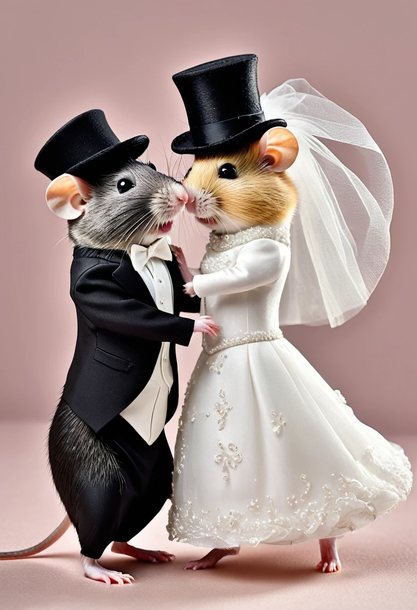 anthropomorphic image of a wedding, a black rat and a hamster, the male rat dressed in an elegant black suit and hat, and the hamster dressed as a bride dancing a wedding dance, and at the end giving each other a kiss, full body of the Two