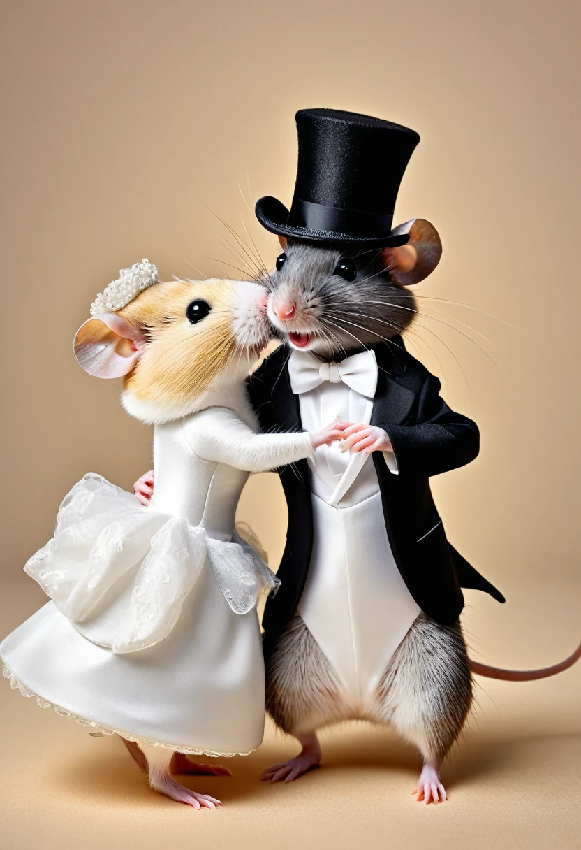 anthropomorphic image of a wedding, a black rat and a hamster, the male rat dressed in an elegant black suit and hat, and the hamster dressed as a bride dancing a wedding dance, and at the end giving each other a kiss, full body of the Two