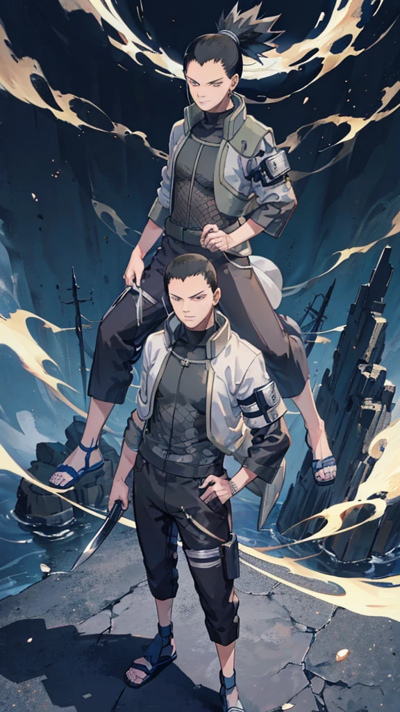 In the manga series "NARUTO" a man named "Sikamaru" with his trademark hairstyle tied back, is STANDING TIGHT on top of a TALL CITY TOWER and WHILE holding a long katana. The character wears a gray jacket with rolled up sleeves, a mesh undershirt, and dark pants. There are blue details on the jacket, including a circular Konaha symbol on the left sleeve. The shoes worn are similar to open-toed sandals. with 4k HDR quality, with a black shadow effect in the background that forms a large hand,