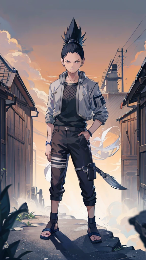 In the manga series "NARUTO" a man named "Sikamaru" with his trademark hairstyle tied back, is STANDING TIGHT on top of a TALL CITY TOWER and WHILE holding a long katana. The character wears a gray jacket with rolled up sleeves, a mesh undershirt, and dark pants. There are blue details on the jacket, including a circular Konaha symbol on the left sleeve. The shoes worn are similar to open-toed sandals. with 4k HDR quality, with a black shadow effect in the background that forms a large hand,