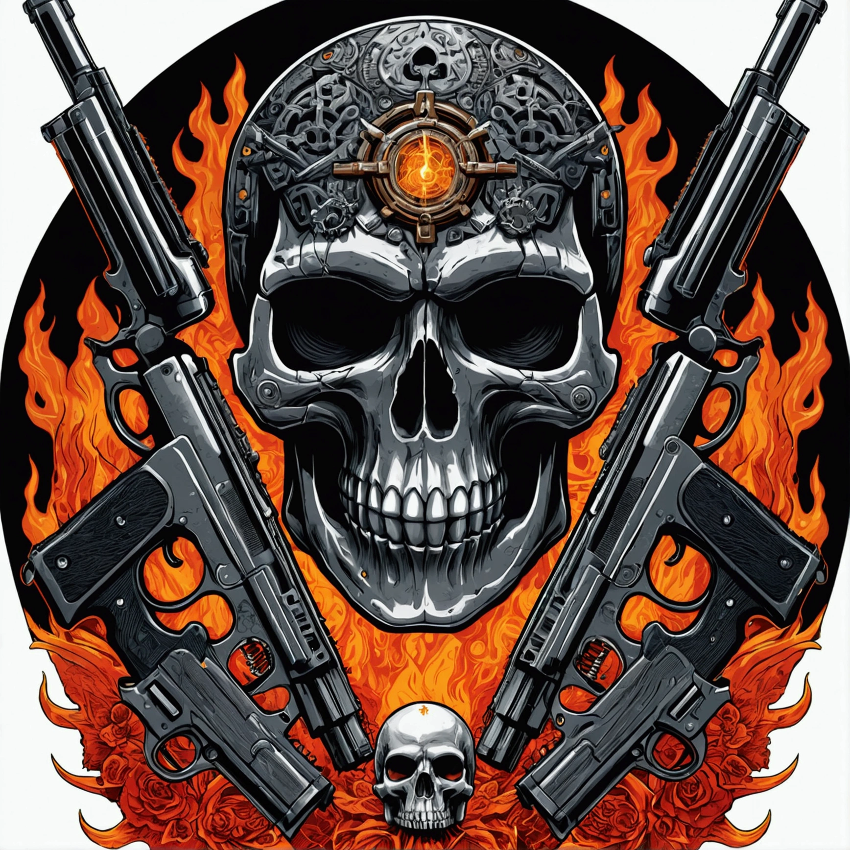 a skull with guns and skulls on it is surrounded by flames, heavy metal tshirt design, heavy metal art style, skull design for a rock band, style of hydro74, terminator art, heavy metal artwork, of spiked gears of war skulls, giant robot skull, by Dan Mumford, detailed cover artwork, gears of death