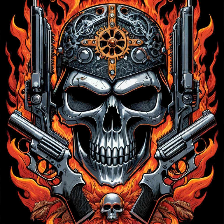 a skull with guns and skulls on it is surrounded by flames, heavy metal tshirt design, heavy metal art style, skull design for a rock band, style of hydro74, terminator art, heavy metal artwork, of spiked gears of war skulls, giant robot skull, by Dan Mumford, detailed cover artwork, gears of death