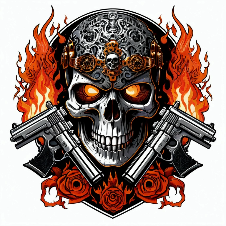 a skull with guns and skulls on it is surrounded by flames, heavy metal tshirt design, heavy metal art style, skull design for a rock band, style of hydro74, terminator art, heavy metal artwork, of spiked gears of war skulls, giant robot skull, by Dan Mumford, detailed cover artwork, gears of death