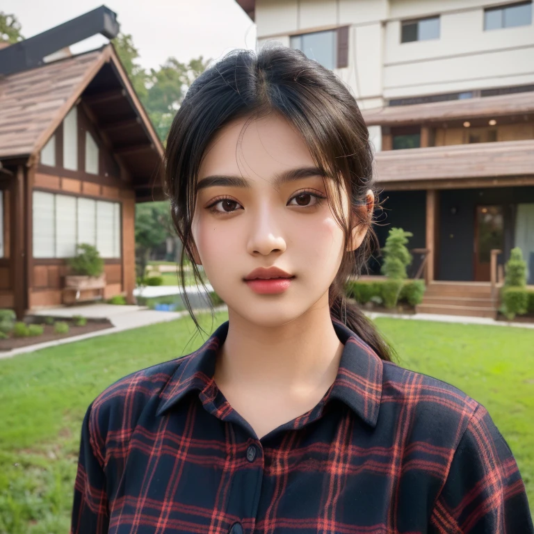 A young woman, Aarav, wears a plaid shirt and stands in front of the house., Portrait in the middle of a shot, Portrait 8 k, instagram post, Southeast Asians with round faces, long hair, ponytail, Photos in Portrait mode, Medium-term portrait, Shot with Sony Alpha, soft Portrait 8 k, Portrait photography, home photography, Shot with Canon EOS R5, Shot with Canon EOS R5, Headshot profile picture