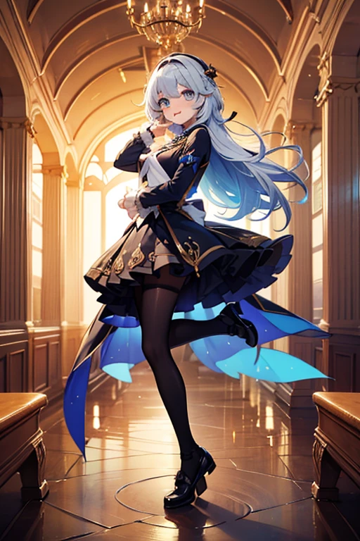 ((4K、8K、quality、Perfect Finger: 1.Perfect anatomy: 1.3、The background is blurred out))、(Transform the sequence)、((a beautiful slender girl、Shy Laughter、Cute big droopy eyes、Long straight hair with sides facing up、ar old girl、Small bust uniform tights、longer sleeves、Ornately decorated headband))、(high legs)、Permanent、Full body depiction、wide wide shot、In the noble hall、