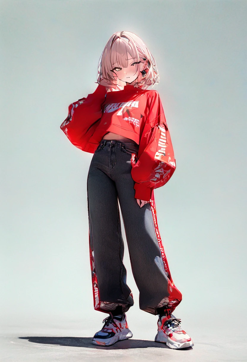 (Masterpiece, Best Quality: 1.2, 8K), Centered, Full Length, One Girl, Cool Fashion, Pants, Simple Sneakers, Simple Background, Open Eyes, Delicate Eyes, Beautiful Eyes,(Masterpiece, Best Quality: 1.2, 8K), Centered, Full Length, One Girl, Cool Fashion, Pants, Simple Sneakers, Simple Background, Open Eyes, Delicate Eyes, Beautiful Eyes,