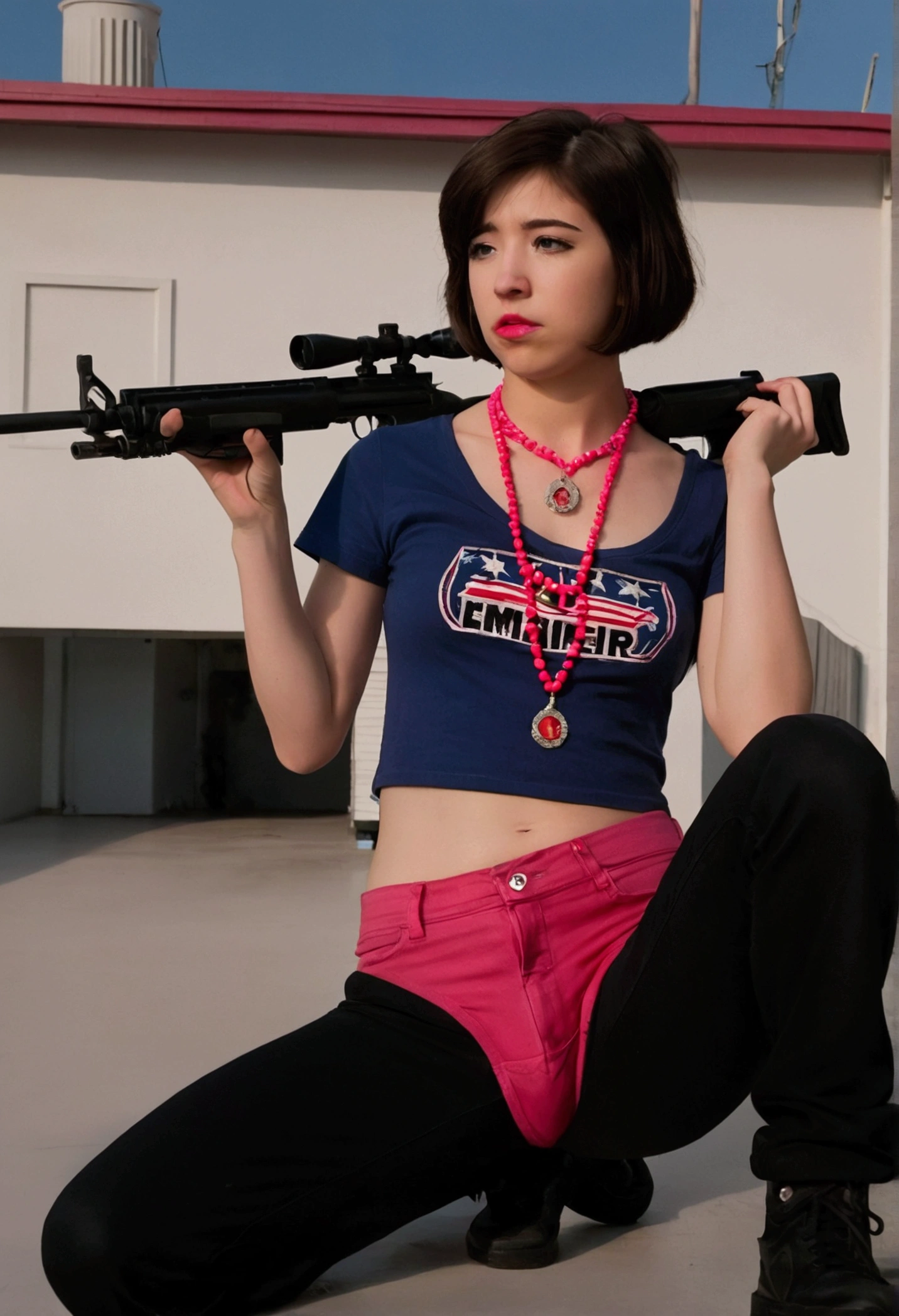 (a 20 year old femboy, short haircut, communist necklace, Joe Biden TShirt, pink panties showing over low rider pants, Sniper rifle) has been shot dead on a white roof, multiple bloody gunshots, blood pools around