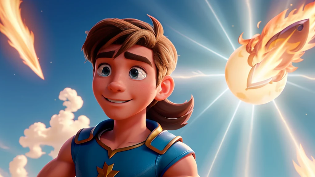 actor zane Phillips as god Apollo flying in the sky spreading light and fire, magical effect, Disney animation, high quality video, animation film scene, god Apollo, focusing on the face, actor Zane Phillips as god Apollo, sky setting and environment sun with magical rays.