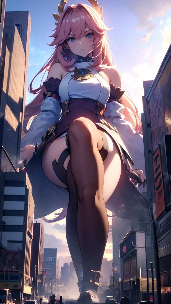 The giant girl wields a and destroys the city,Girl sitting on a building,A giant woman in a lying on top of a cyberpunk city, Wear short skirts,Little guys running around the giant girl,The little person panicked and ran away,Many cars pass by, Standing on her hand, cgsociety 9, 2. 5 d cgi fantasy art, engine rendering unreal + a goddess, full body cgsociety, artgerm ; Hyper realistic 3d content, giant art, super detailed 3d matte paintings, super detailed 3d matte paintings, realistic fantasy art, realistic 3 d anime style. Beautiful girl. Big thighs."The boy stood on the top of a high-rise building waving to the girl". Color ultra 4k.The little person panicked and ran away.Giant attack. GtsGiga,Rampage, cityscape