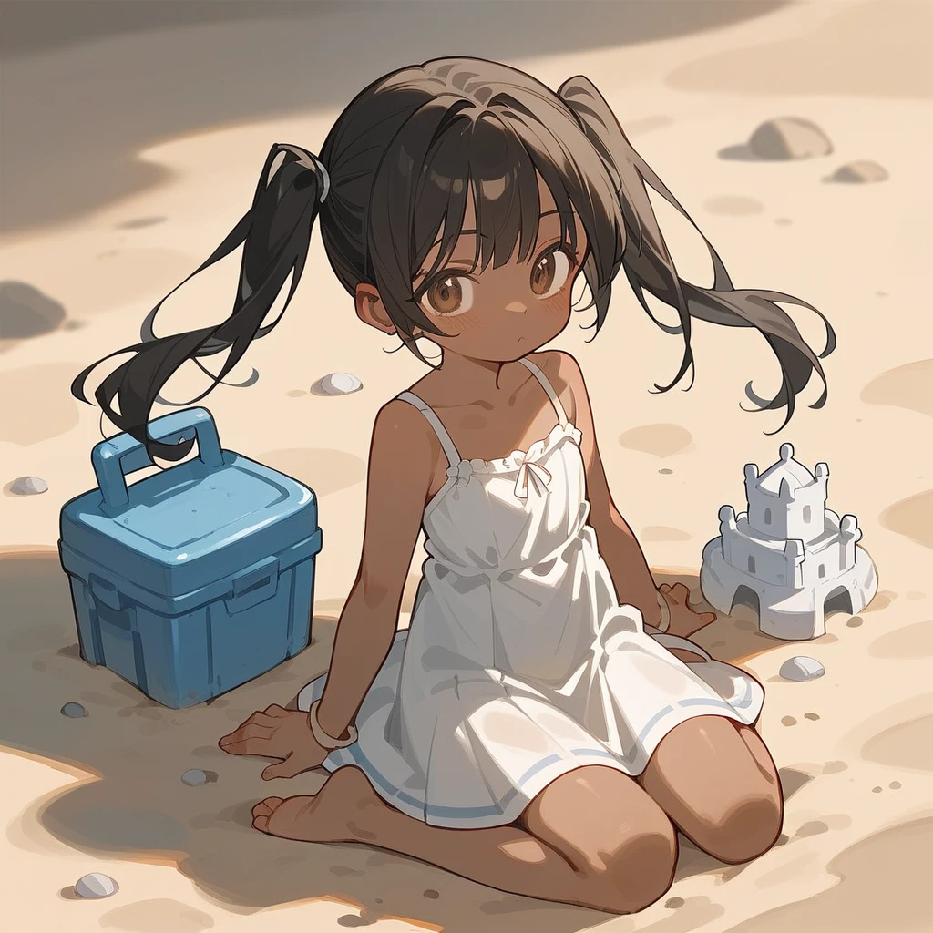 score_9_up, score_8_up, score_7_up, score_6_up, source_アニメ,2d, flat、Black Hair、Pigtails、White dress、Brown Skin、Sandy Beach、Sand castles、rating_safe