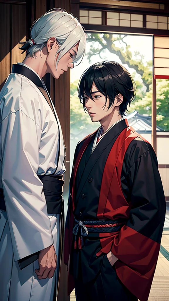 "An image depicting a clash between traditional Japanese culture and Western economic systems. Include elements like traditional Japanese attire and Western business suits, with Eiichi Shibusawa's portrait in the middle, showing cultural tension."A man wearing a hakama and a man wearing a suit confront each other.、Staring at each other
