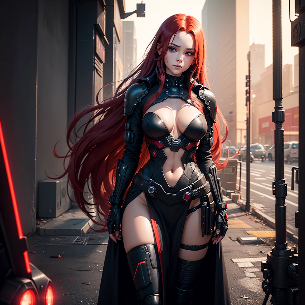 "Fantastic cyberpunk post-apocalyptic style. Beautiful cyborg girl with long red hair, dressed in a black android suit with a cleavage and small red details, stands vertically in front of the camera. Portrait shooting from below. Her hands are behind her back. She looks into the lens with a playful, with a slightly flirtatious look and a slight smile. Her thighs are exposed. Dark background with red flashes and lights, creating an atmosphere of slight sadness. The image horizon is flat. Primary colors - black and red." sci fi