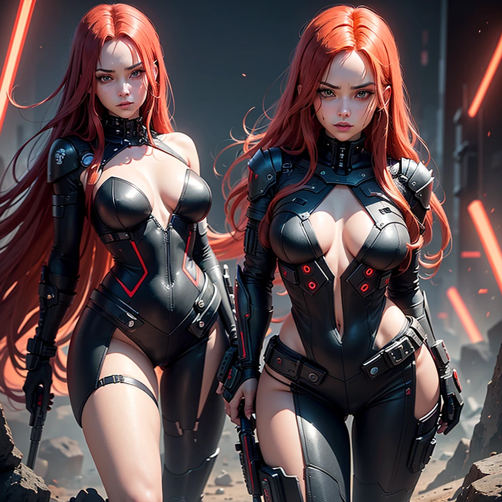 "Fantastic cyberpunk post-apocalyptic style. Beautiful cyborg girl with long red hair, dressed in a black android suit with a cleavage and small red details, stands vertically in front of the camera. Portrait shooting from below. Her hands are behind her back. She looks into the lens with a playful, with a slightly flirtatious look and a slight smile. Her thighs are exposed. Dark background with red flashes and lights, creating an atmosphere of slight sadness. The image horizon is flat. Primary colors - black and red." sci fi