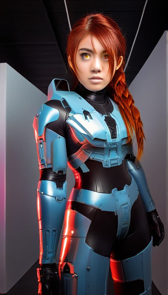 1 Girl、((glowing eyes, red eyes)), Medium Bust、solo、red Hair、Braid、Mobile Race Suit、Shoulder Armor、ceiling、Wide Shot、Looking Ahead、zipup suit 、Closed Mouth、Highest quality、medium quality、22 years old、Mobile Trace System、cockpit、Asian、CyborgCosplay
