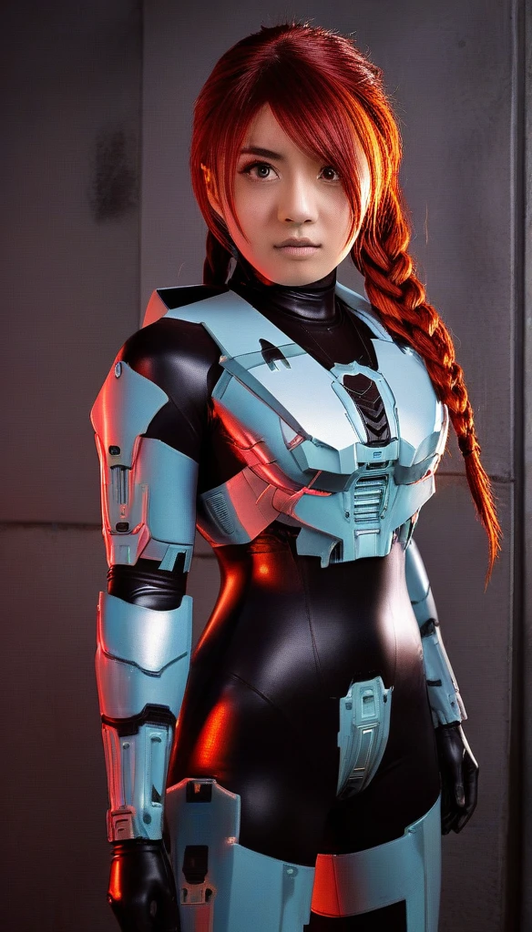 1 Girl、((glowing eyes, red eyes)), Medium Bust、solo、red Hair、Braid、Mobile Race Suit、Shoulder Armor、ceiling、Wide Shot、Looking Ahead、zipup suit 、Closed Mouth、Highest quality、medium quality、22 years old、Mobile Trace System、cockpit、Asian、CyborgCosplay