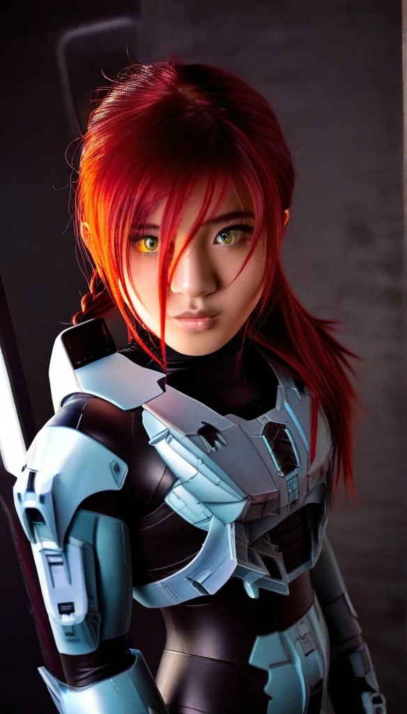 1 Girl、((glowing eyes, red eyes)), Medium Bust、solo、red Hair、Braid、Mobile Race Suit、Shoulder Armor、ceiling、Wide Shot、Looking Ahead、zipup suit 、Closed Mouth、Highest quality、medium quality、22 years old、Mobile Trace System、cockpit、Asian、CyborgCosplay
