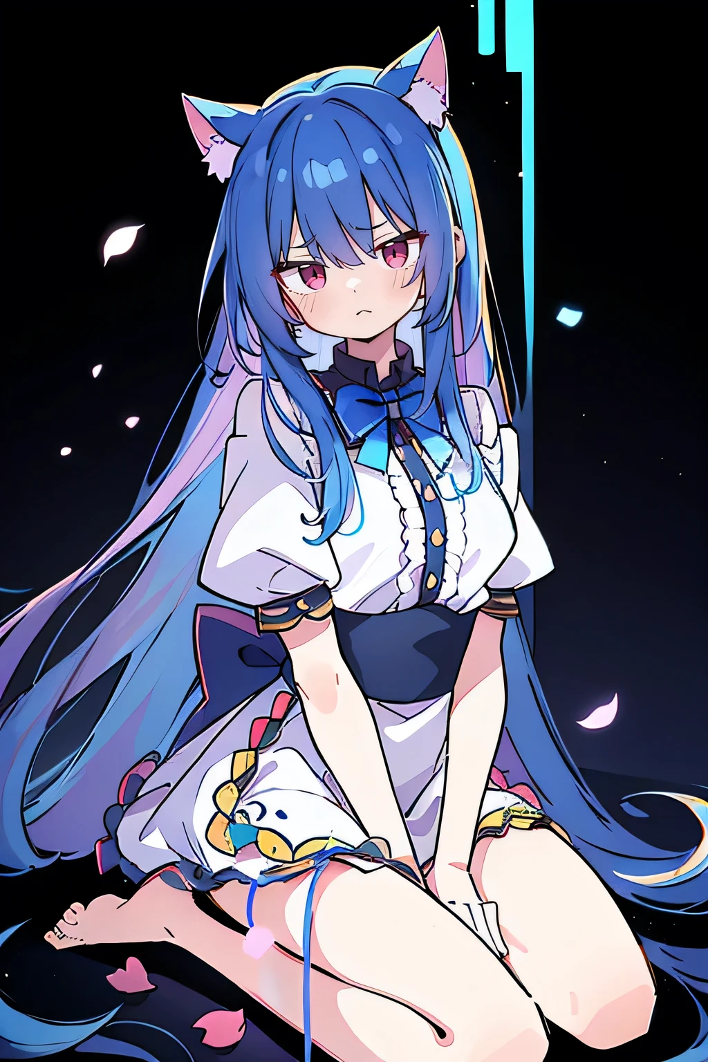 (masterpiece:1.2),Extremely detailed,Practical,expressive eyes,Fair skin,Perfect face shaping,1 Girl,
Japanese cartoons,Gorgeous blue hair, the long flowing blue hair,Floating clothes,Cat ears,Petals fall,beautiful lola,angel,
Place your hands on your waist,sit elegantly on the ground,Cross your legs,Gentle and peaceful background,dark blue gradient hair,asymmetrical hair,((Hair is very thick 1.8,Chiseled hair 1.6)), Hair over the shoulders, Messy hair, Very long hair, shiny hair,(long dark blue hair:1.2),A beautiful girl,(Transparent clothes transparent 1.8),Perfect body,Big thin legs,slender,(Looks very sad,Looks haggard ,sadness,shut your mouth:1.2) Against the backdrop of an unusually bright dark starry sky,(Put your hands behind your back),(round,Room, Strong breasts),barefoot,float,water surface,(long legs,long legs,long legs,Complete)