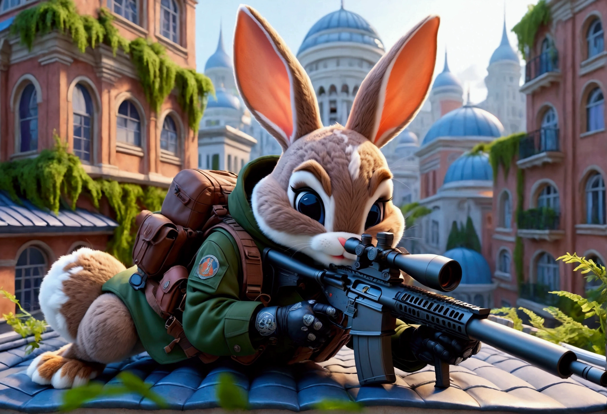(Close-up of anthropomorphic bunny lying on roof and aiming with elite sniper rifle:1.3), (stylish high-neck military jacket:1.1), (leather gloves:1.1), (pants with pockets:1.1), (cap with draconic logo:1.2), (background is futuristic urban area with vegetation:1.1), (beautiful twilight:1.2), (architecture with intricate design:1.2), bright colors, masterpiece in maximum 16K resolution, best quality, ultra detailed, aesthetics, absurdes.
