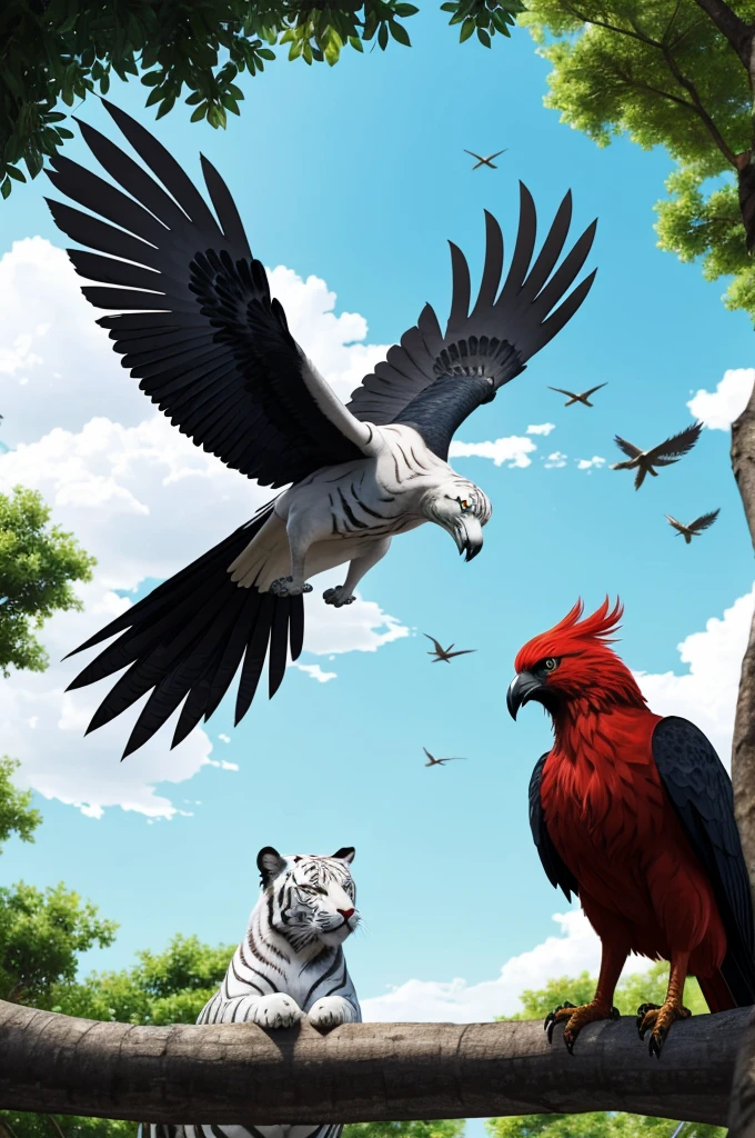 anime, red phoenix bird flying in the daytime sky, under the bird a white tiger with blue eyes, at his side an earth Golem, in a tree you see a black crow