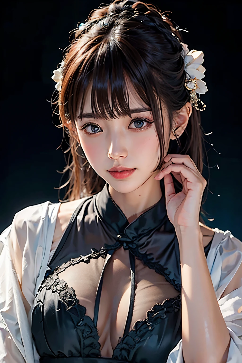 masterpiece, 1 beautiful girl, Delicate eyes, swollen eyes, Top quality, 超high resolution, (Reality: 1.4), light, Japanese, Asian Beauty, Korean, very beautiful, Beautiful Skin, slim, Body facing forward, (Hyper-photorealism), (high resolution), (8K), (Very detailed), ( Best Illustration), (精美Delicate eyes), (Very detailed), (wallpaper), Delicate face, 明亮的light, Professional lighting, View Viewer, Look straight ahead, The costumes are neat shirts and dresses, Side bangs, Night view, Black Hair (Some red hair with mesh),