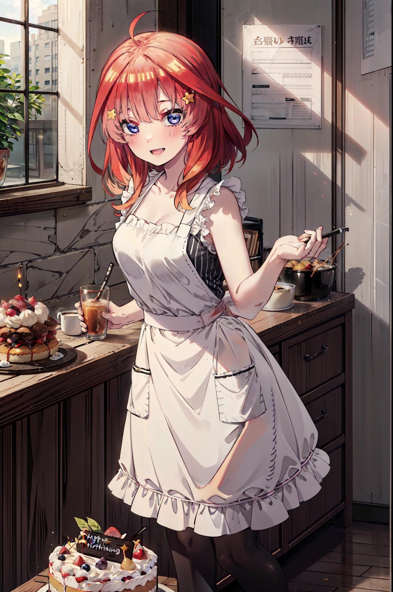 itsukinakano, Itsuki Nakano, bangs, blue eyes, Hair between the eyes, Ahoge, Redhead, star \(symbol\), hair ornaments,happy smile, smile, Open your mouth,cracker, star hair ornaments,Red Tank Top,Long skirt,Black pantyhose,apron,Walking,There is food and a birthday cake on the table,whole bodyがイラストに入るように,
break indoors, room,
break looking at viewer,whole body,
break (masterpiece:1.2), Highest quality, High resolution, unity 8k wallpaper, (figure:0.8), (Beautiful attention to detail:1.6), Highly detailed face, Perfect lighting, Highly detailed CG, (Perfect hands, Perfect Anatomy),