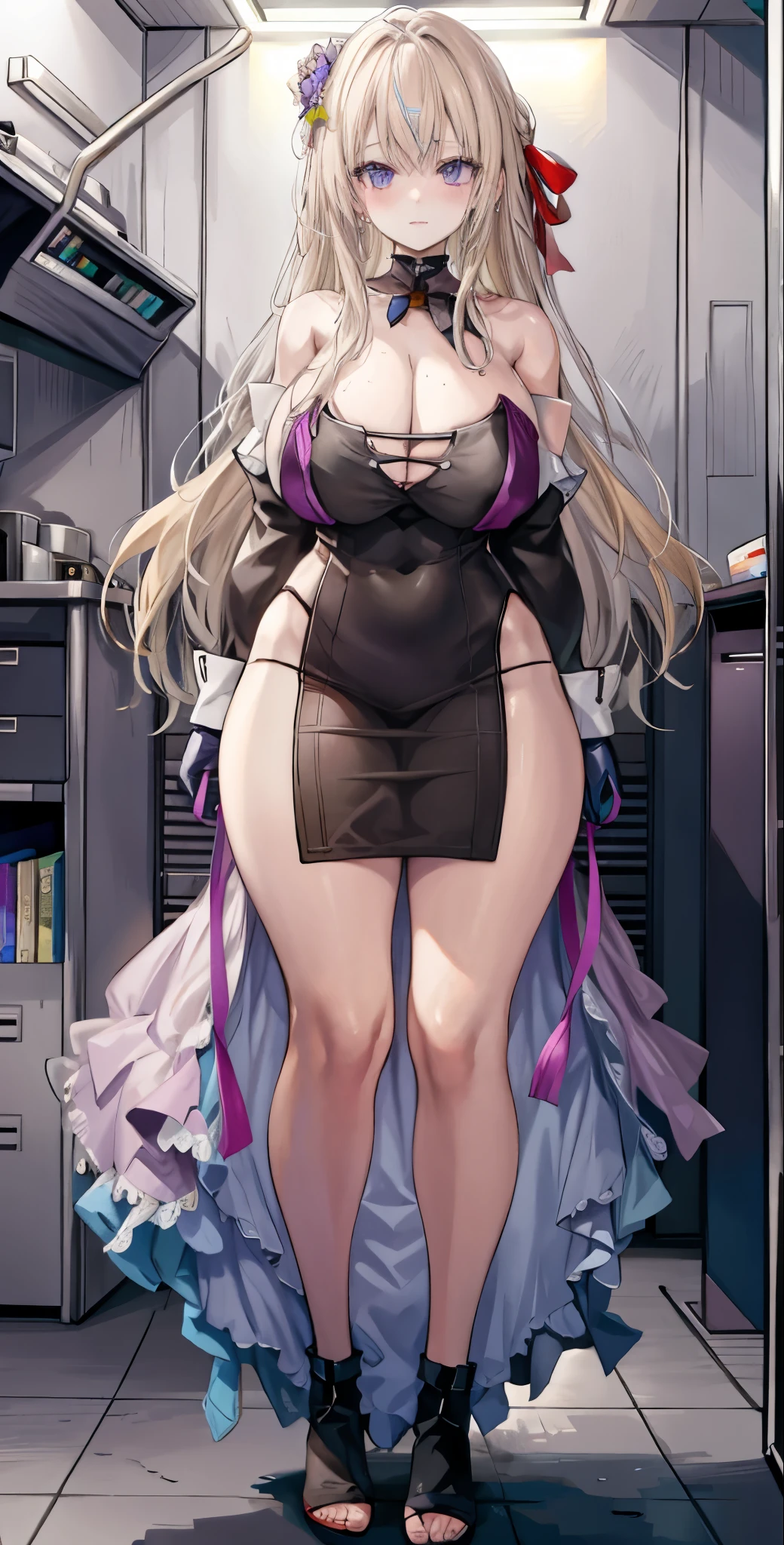 girl,Large Breasts,long hair,Topless,Bow,Blonde Hair, Purple Eyes, Cleavage,Large Breasts