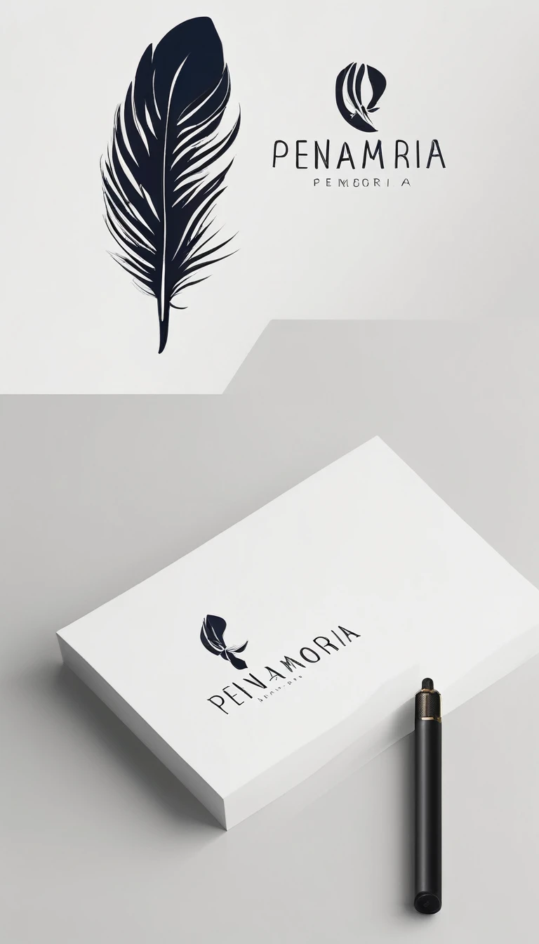 A minimal, modern, simple, cinematic logo design for the brand “Penamemoria". Create a modern, minimalistic, high-quality, logo of a boy-feather