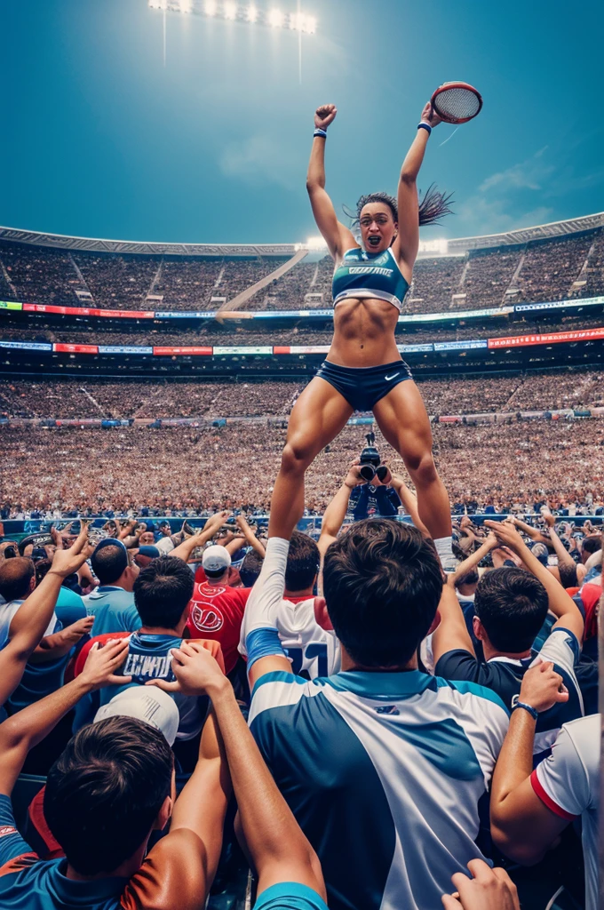 Generate an image capturing the atmosphere of a sporting event in a crowded stadium. Showcase the energy, excitement, and competition as athletes engage in their respective sports. The scene is alive with action, capturing the essence of a thrilling sporting event.