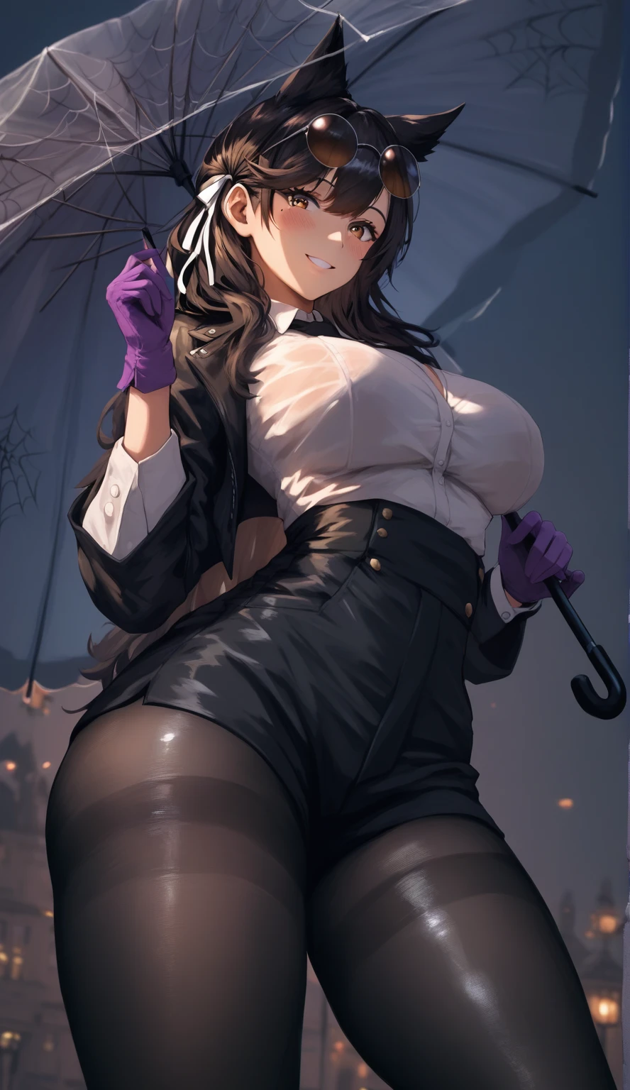 (hero neisan art style:0.7), score_9, score_8_up, score_7_up, score_6_up, uncensored, atago_\(azur_lane\), black hair, kemonomimi, bangs, long hair, brown eyes, mole_under_eye, BREAK (masterpiece:1.2), best quality, high resolution, (beautiful detailed eyes:1.3), perfect lighting, (perfect hands, perfect anatomy), large breasts, sagging breasts, umbrella, holding umbrella, thug shirt, 1girl, high-waist shorts, solo, breasts, round eyewear, eyewear on head, pantyhose, umbrella, shirt, white shirt, large breasts, shorts, black jacket,  sunglasses, looking at viewer, jacket, long sleeves, holding umbrella, thighs, pantyhose under shorts, black shorts, smile, black pantyhose, purple gloves, gloves, transparent umbrella, cowboy shot, spider web print, 