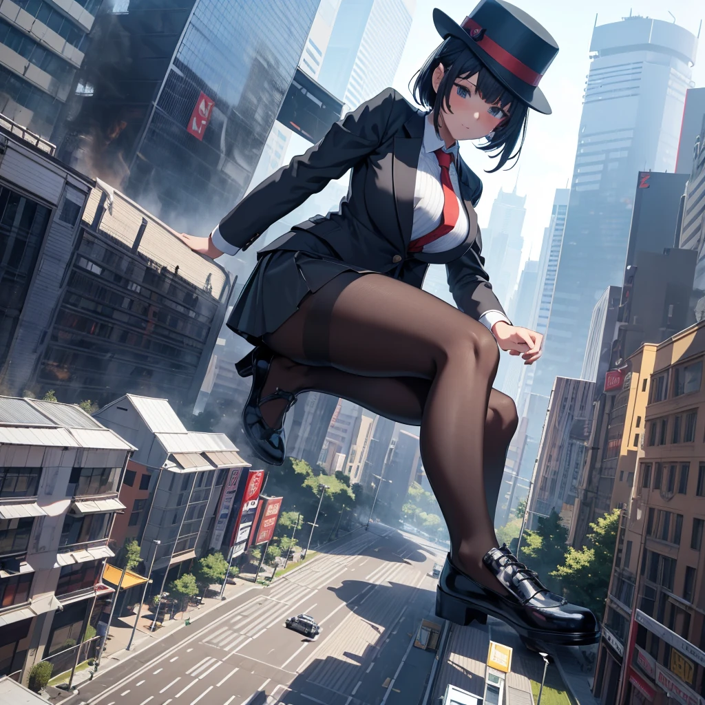 multiple girls, giantess art, a hyperrealistic , , highly detailed giantess shot, der riese, Shorthair, black pantyhose, A huge office ladyt hat is much bigger than a skyscraper。huge tits。Navy blue blazer、Red tie、Mini Length Skirt、black pantyhose、I don't wear shoes.。very small metropoliiniature metropolis。In a miniature metropolis that is only feet tall。Full body depiction。gts, giantess, black pantyhose, pantyhose feet, pantyhose foot, ,stomping city,crash city,tiny city,micro city, msture lady smug smrik,GtsGiga,Gtscity, cityscape, large bodom,mature woman