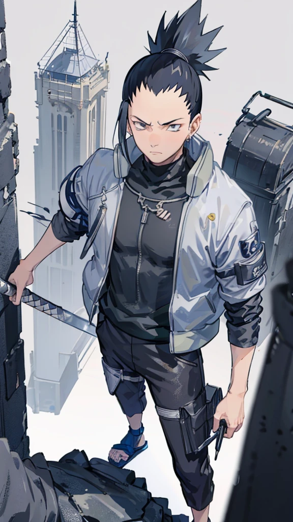 In the manga series "NARUTO" a man named "Sikamaru" with his trademark hairstyle tied back, is STANDING TIGHT on top of a TALL CITY TOWER and WHILE holding a long katana. The character wears a gray jacket with rolled up sleeves, a mesh undershirt, and dark pants. There are blue details on the jacket, including a circular Konaha symbol on the left sleeve. The shoes worn are similar to open-toed sandals. with 4k HDR quality, with a black shadow effect in the background that forms a large hand,