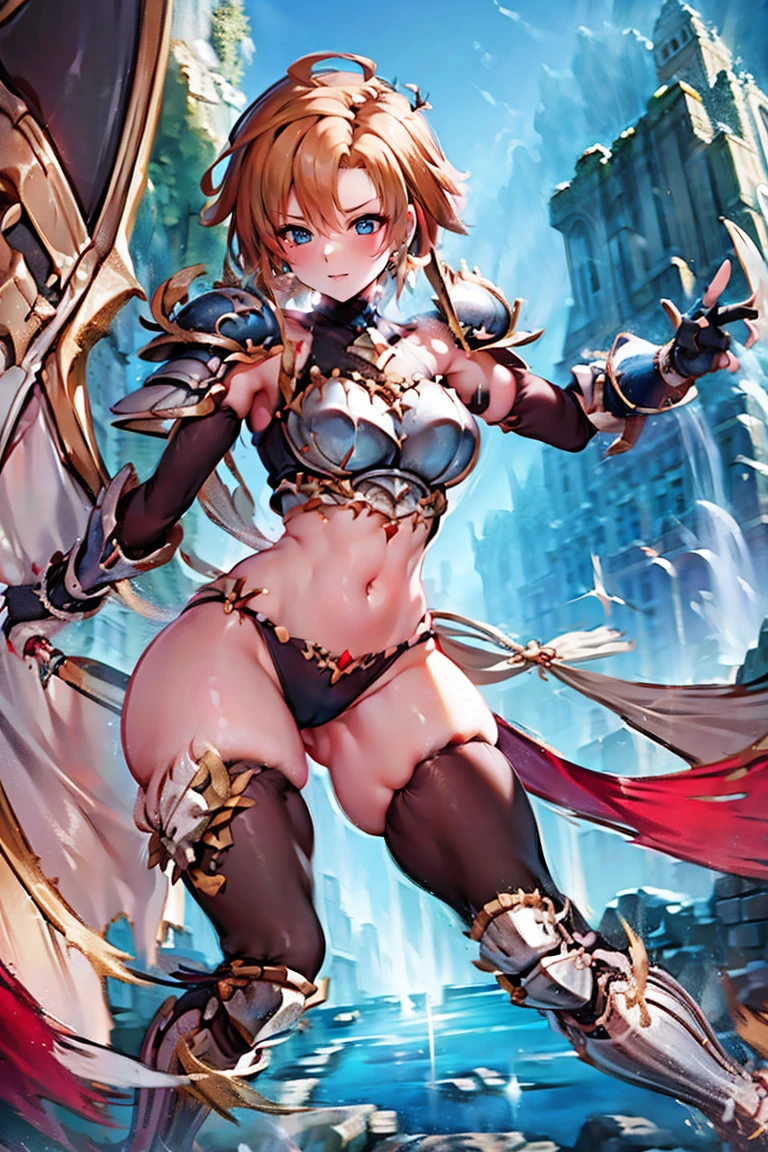 jewelry,  bodysuit,  fingerless gloves, knight, covered navel, highleg,skin tight, vambraces, arm guards,faulds,greaves, 1girl,solo,　gauntlets, armored boots,breastplate, pauldrons, shoulder armor, big armor, center loincloth, thighhighs, dare thighs, short hair, pink hair, blue eyes, adult, adult face, fearless face, curvy, 