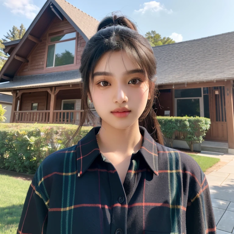 A young woman, Aarav, wears a plaid shirt and stands in front of the house., Portrait in the middle of a shot, Portrait 8 k, instagram post, Southeast Asians with round faces, long hair, ponytail, Photos in Portrait mode, Medium-term portrait, Shot with Sony Alpha, soft Portrait 8 k, Portrait photography, home photography, Shot with Canon EOS R5, Shot with Canon EOS R5, Headshot profile picture