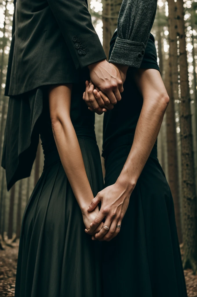 The hand of a man and a woman intertwining, while behind them there is a dark forest 