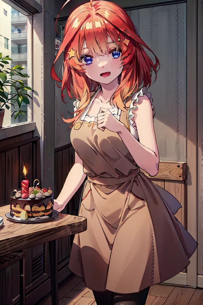 itsukinakano, Itsuki Nakano, bangs, blue eyes, Hair between the eyes, Ahoge, Redhead, star \(symbol\), hair ornaments,happy smile, smile, Open your mouth,cracker, star hair ornaments,Red Tank Top,Long skirt,Black pantyhose,apron,Walking,There is food and a birthday cake on the table,whole bodyがイラストに入るように,
break indoors, room,
break looking at viewer,whole body,
break (masterpiece:1.2), Highest quality, High resolution, unity 8k wallpaper, (figure:0.8), (Beautiful attention to detail:1.6), Highly detailed face, Perfect lighting, Highly detailed CG, (Perfect hands, Perfect Anatomy),