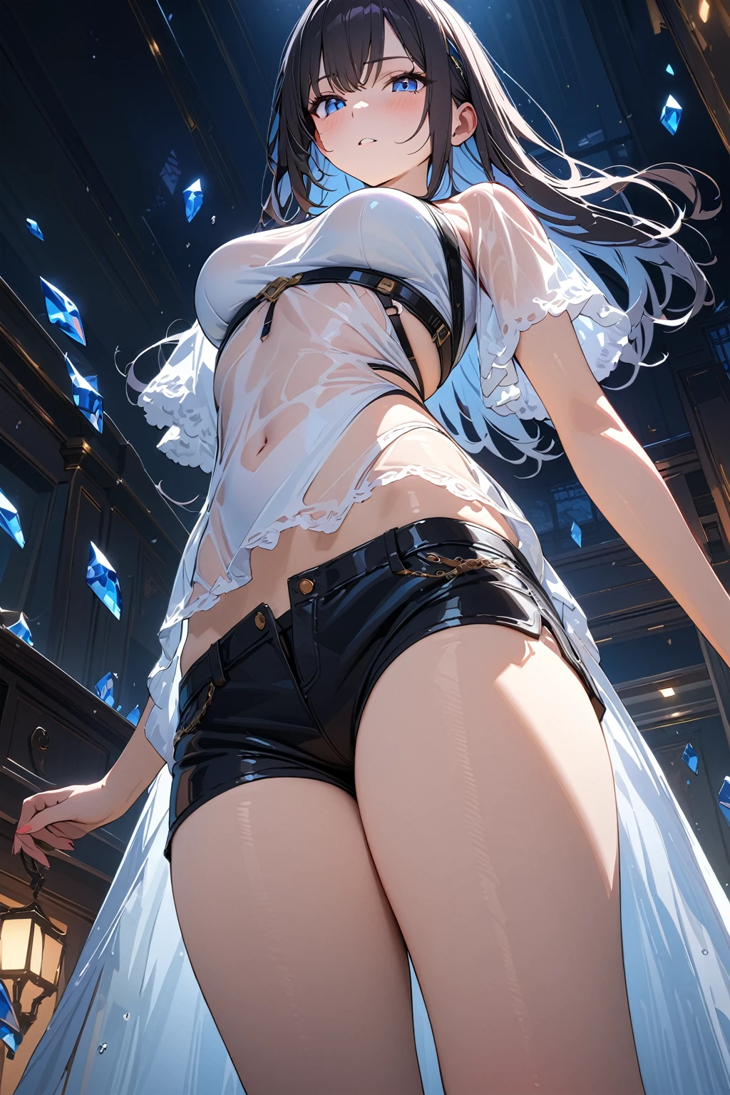 (masterpiece, best quality:1.5), (ultra detailed, high resolution, 8k, beautiful detailed, UHD, best anatomy), black straight hair, medium breasts, 1 girl, short shorts, thin see-through, standing, from below, Crystals floating around, night