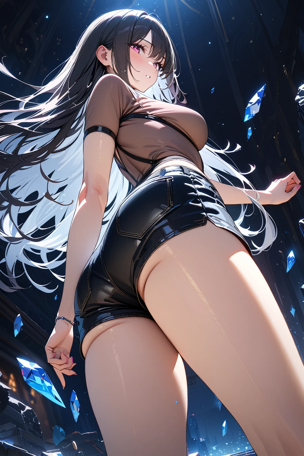 (masterpiece, best quality:1.5), (ultra detailed, high resolution, 8k, beautiful detailed, UHD, best anatomy), black straight hair, medium breasts, 1 girl, short shorts, thin see-through, standing, from below, Crystals floating around, night