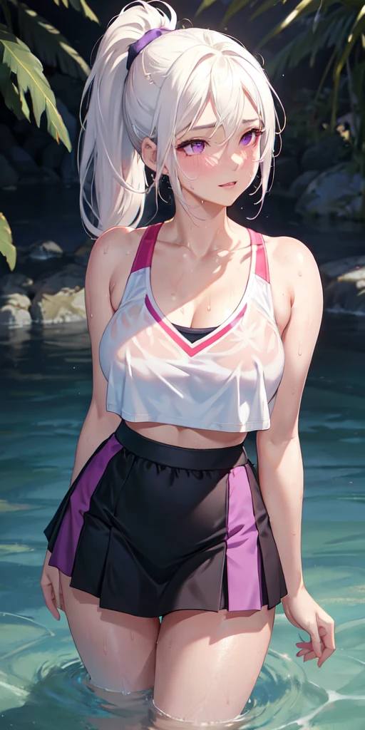 realistic, 1girl, ponytail, parted lips, blush, makeup, light smile, white hair, sportswear, skirt, wet clothes, glow, thighs, purple eye, bare shoulders, collarbone, narrow waist, sunbeam, sunlight, rose, wind, cleavage, (masterpiece), sweat,