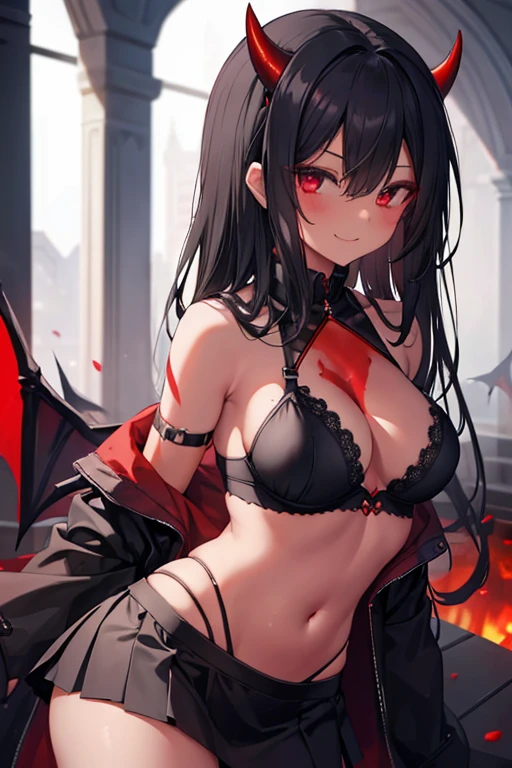 1girl, medium long breasts, only black bra, a short black skirt, devil horns, ((red skin)), evil smile, succubus, sexy, black hair