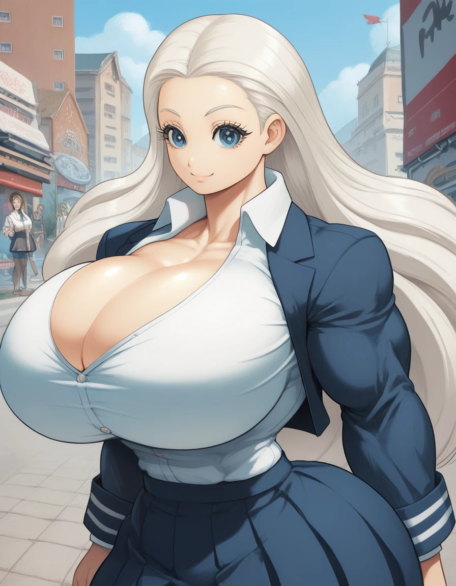 score_9, score_8_up, score_7_up, 8k, masterpiece, anime, detailed face, gigantic tall anime girl with peaky huge breasts and cartoonish hyper muscles, posing for picture at school, long hair, bright blue eyes, big eyelashes, baby face, smile, (extremely whiter skin: 1.5), (extremely glossy skin: 1.0), school girl uniform, (gigantic muscles: 1.1), wide shoulders, massive round breasts, gigantic round breasts, gigantic muscular arm, Extremely large biceps, Extremely thin waist, exposed 8pack abs, wide hip, (gigantic and powerful: 1.25),