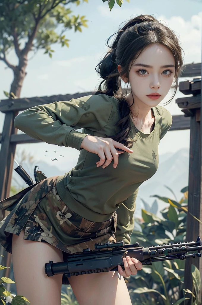 (((best quality))),(((ultra detailed))),(((masterpiece))),illustration,((1girl,sniper,solo)),summer,heat,hair tied back,short ponytail,green camouflage tank top,mini-skirt,shrubbery,sweat,forehead,intent,focused,determined,expression,sun,shadows,discipline,precision,leaves rustling,breeze,bird chirps,insect buzzes,isolation,task,attire,functional,eye-catching,camouflage pattern,blend,foliage,makeup,anonymity,scenery,ghost,calm,collect,rifle steadied,bipod,presence,formidable force,hunter,wild,silent guardian,shadows,vigilant,watchful,essence, Hunter hidden in plain sight