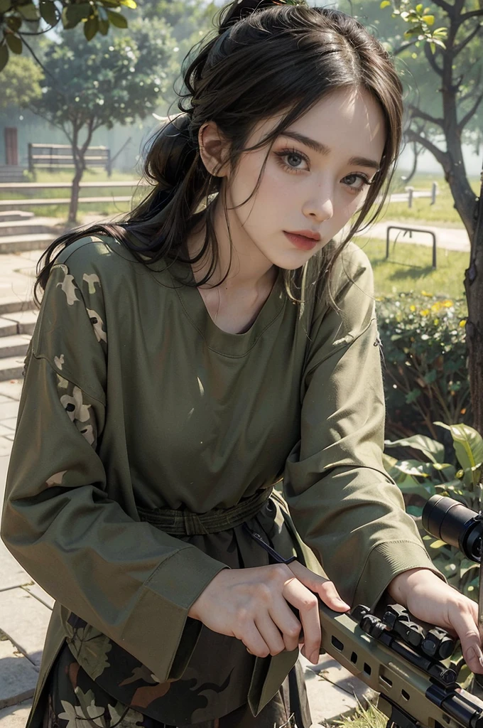 (((best quality))),(((ultra detailed))),(((masterpiece))),illustration,((1girl,sniper,solo)),summer,heat,hair tied back,short ponytail,green camouflage tank top,mini-skirt,shrubbery,sweat,forehead,intent,focused,determined,expression,sun,shadows,discipline,precision,leaves rustling,breeze,bird chirps,insect buzzes,isolation,task,attire,functional,eye-catching,camouflage pattern,blend,foliage,makeup,anonymity,scenery,ghost,calm,collect,rifle steadied,bipod,presence,formidable force,hunter,wild,silent guardian,shadows,vigilant,watchful,essence, Hunter hidden in plain sight