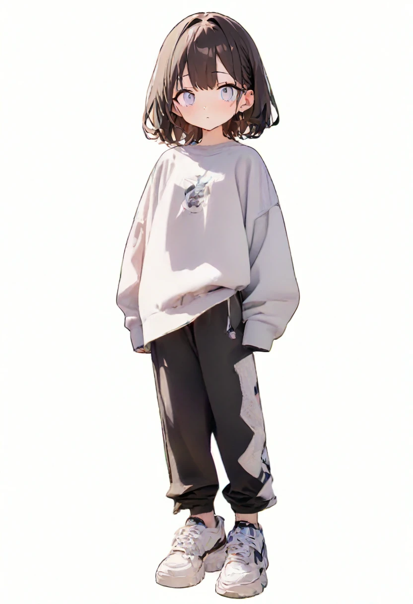 (Masterpiece, Best Picture Quality: 1.2, 8K), centered, full body, one girl, cool fashion, pants, simple sneakers, simple background, white background, open eyes, delicate eyes, beautiful eyes,