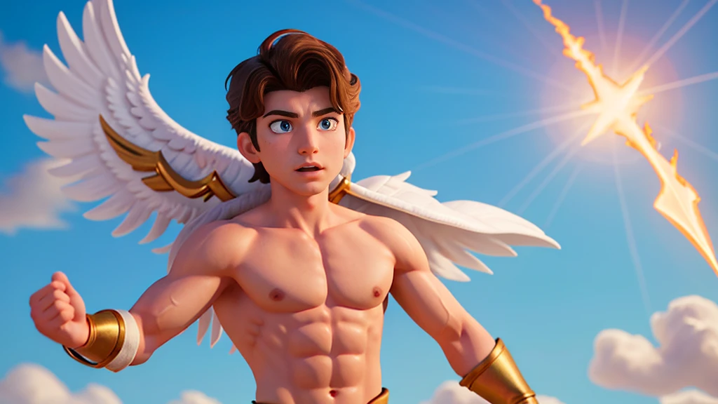 actor zane Phillips as god Apollo flying in the sky spreading light and fire, magical effect, Disney animation, high quality video, animation film scene, god Apollo, focusing on the face, actor Zane Phillips as god Apollo, sky setting and environment sun with magical rays.