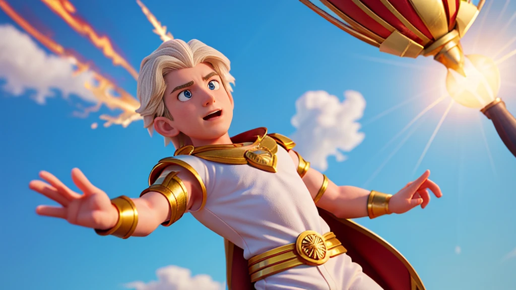 actor zane Phillips as god Apollo flying in the sky spreading light and fire, magical effect, Disney animation, high quality video, animation film scene, god Apollo, focusing on the face, actor Zane Phillips as god Apollo, sky setting and environment sun with magical rays.