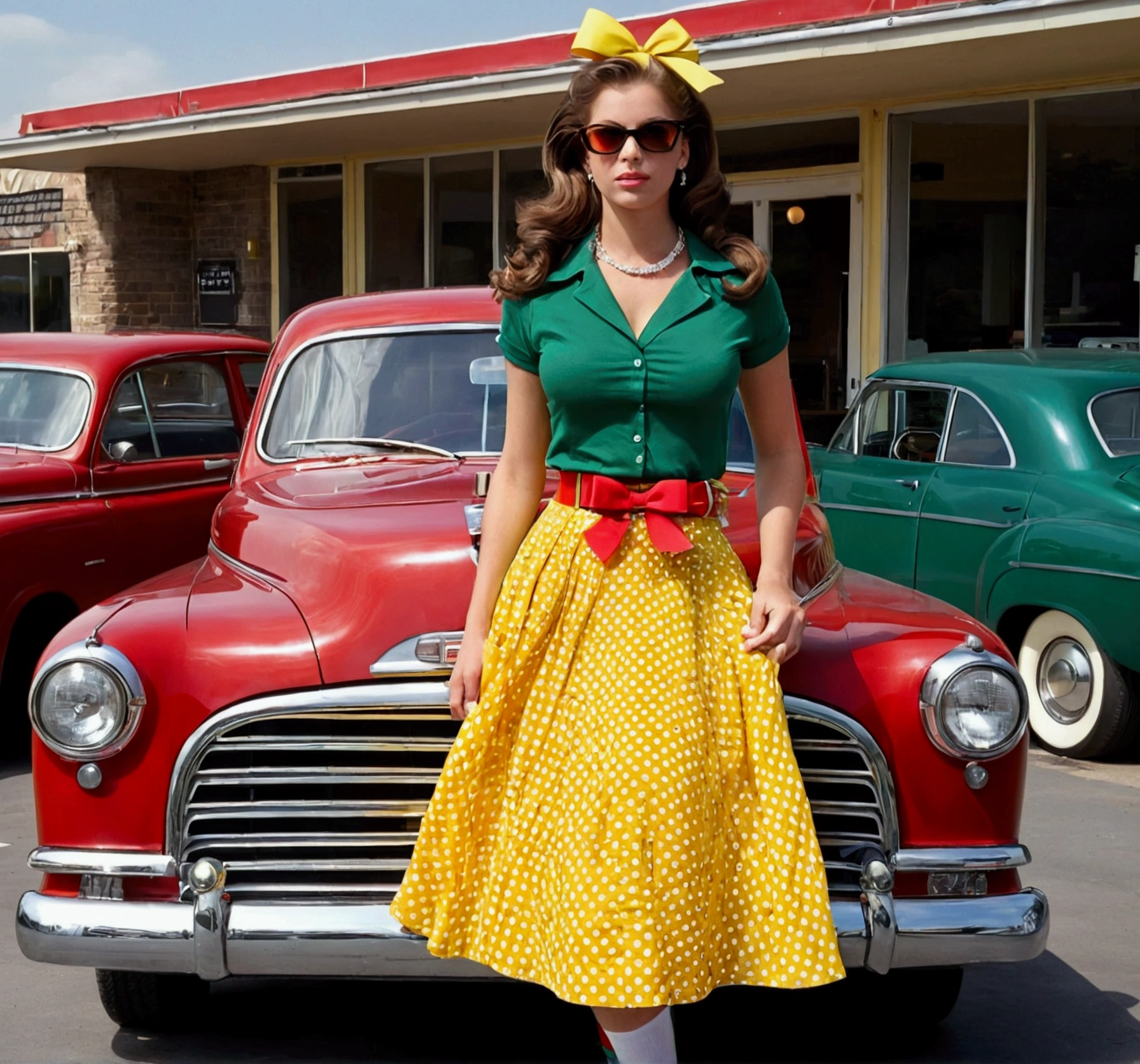 (1girl, long brown hair, green eyes, large breasts), (yellow shirt, red skirt, belt, polkadot skirt, yellow bow, cleavage, earrings, jewelry, black shoes, white socks, sunglasses, eyewear on head), Picture a British racing green colored 1952 Dodge Kingsway Custom parked outside of a Restaurant, its chrome grille catching the sunlight, embodying an era of post-war optimism and automotive innovation, distant shot