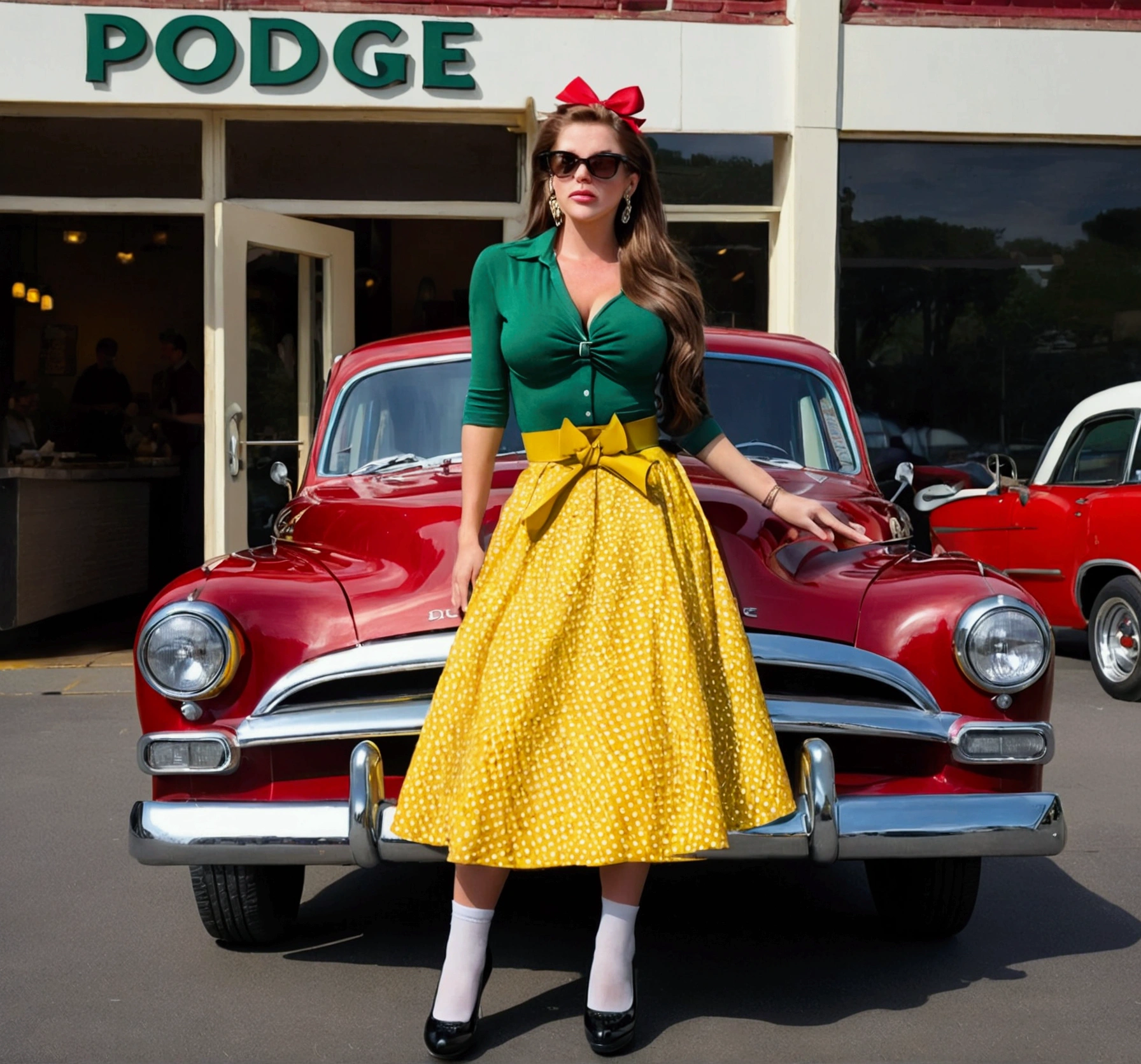 (1girl, long brown hair, green eyes, large breasts), (yellow shirt, red skirt, belt, polkadot skirt, yellow bow, cleavage, earrings, jewelry, black shoes, white socks, sunglasses, eyewear on head), Picture a British racing green colored 1952 Dodge Kingsway Custom parked outside of a Restaurant, its chrome grille catching the sunlight, embodying an era of post-war optimism and automotive innovation, distant shot